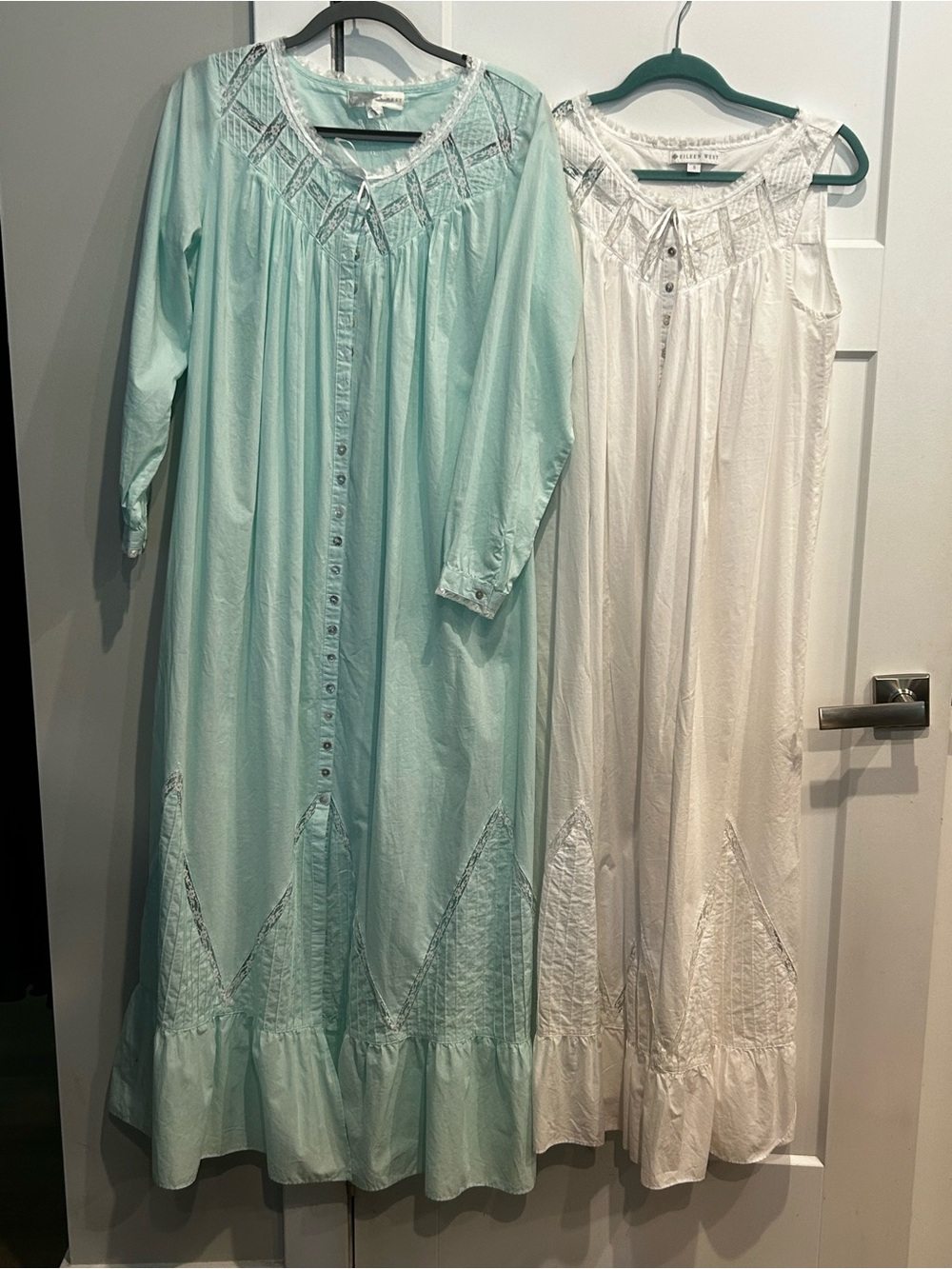 Eileen West Mint Green Long Robe & White Nightgown Set, both with Lace Trim